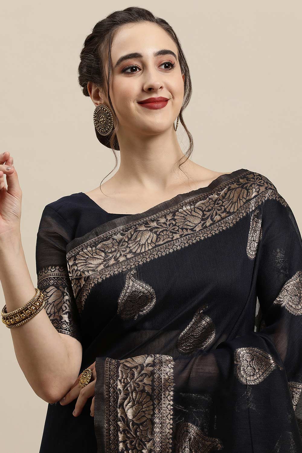 Buy Linen Woven Saree in Navy Blue Online - Front