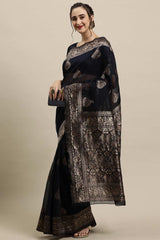 Buy Linen Woven Saree in Navy Blue Online - Zoom In