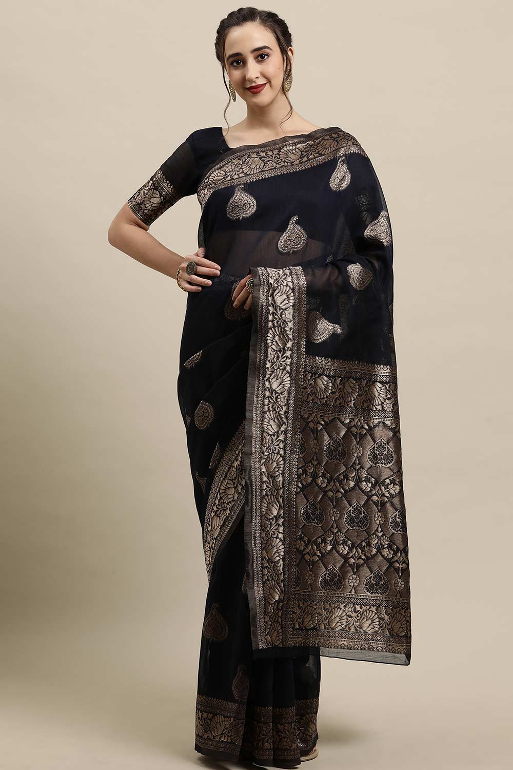 Buy Linen Woven Saree in Navy Blue Online