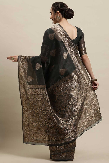 Linen Floral Woven Saree In Grey