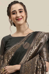 Linen Floral Woven Saree In Grey