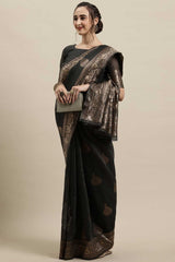 Linen Floral Woven Saree In Grey