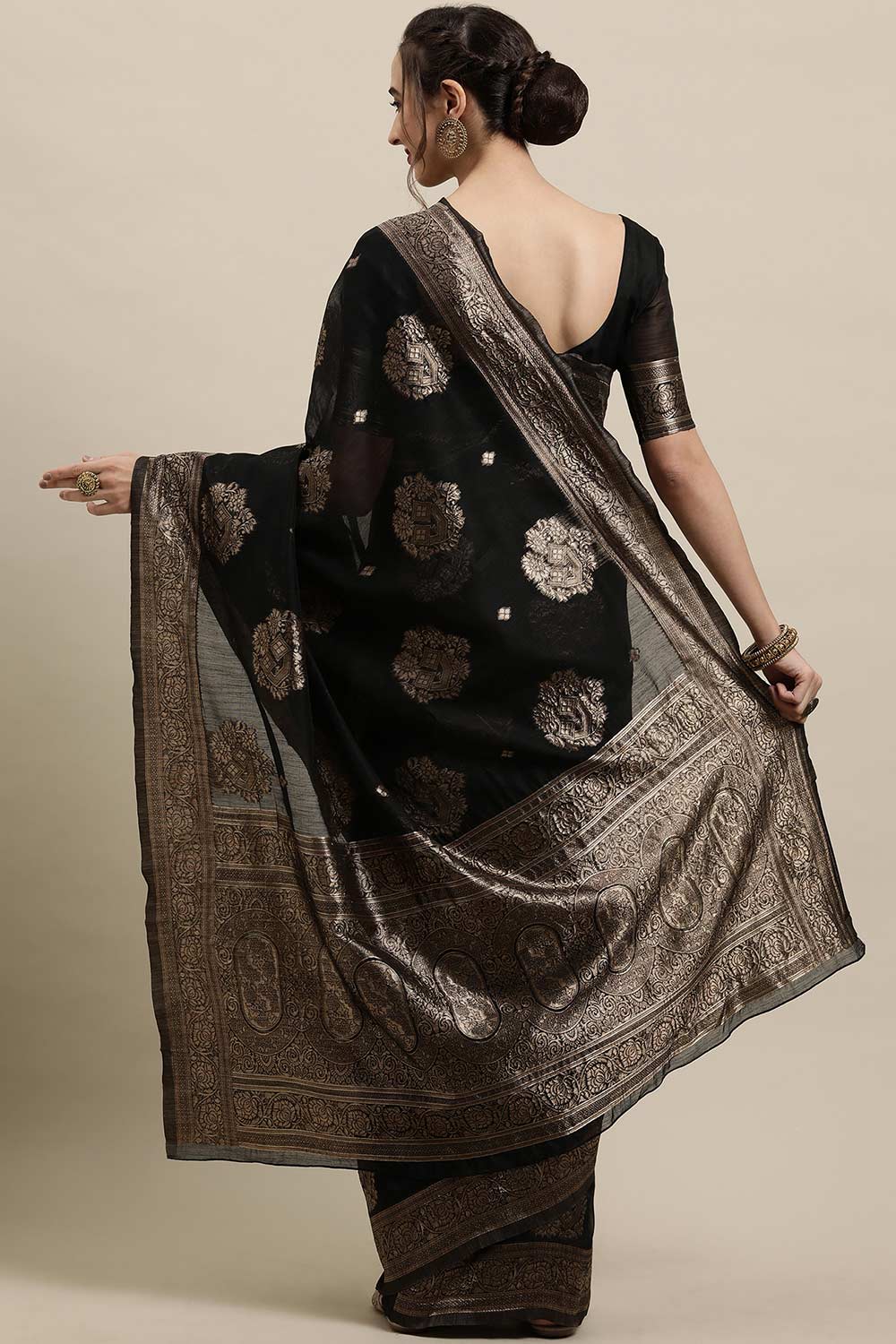 Buy Linen Zari Woven Saree in Black Online - Back