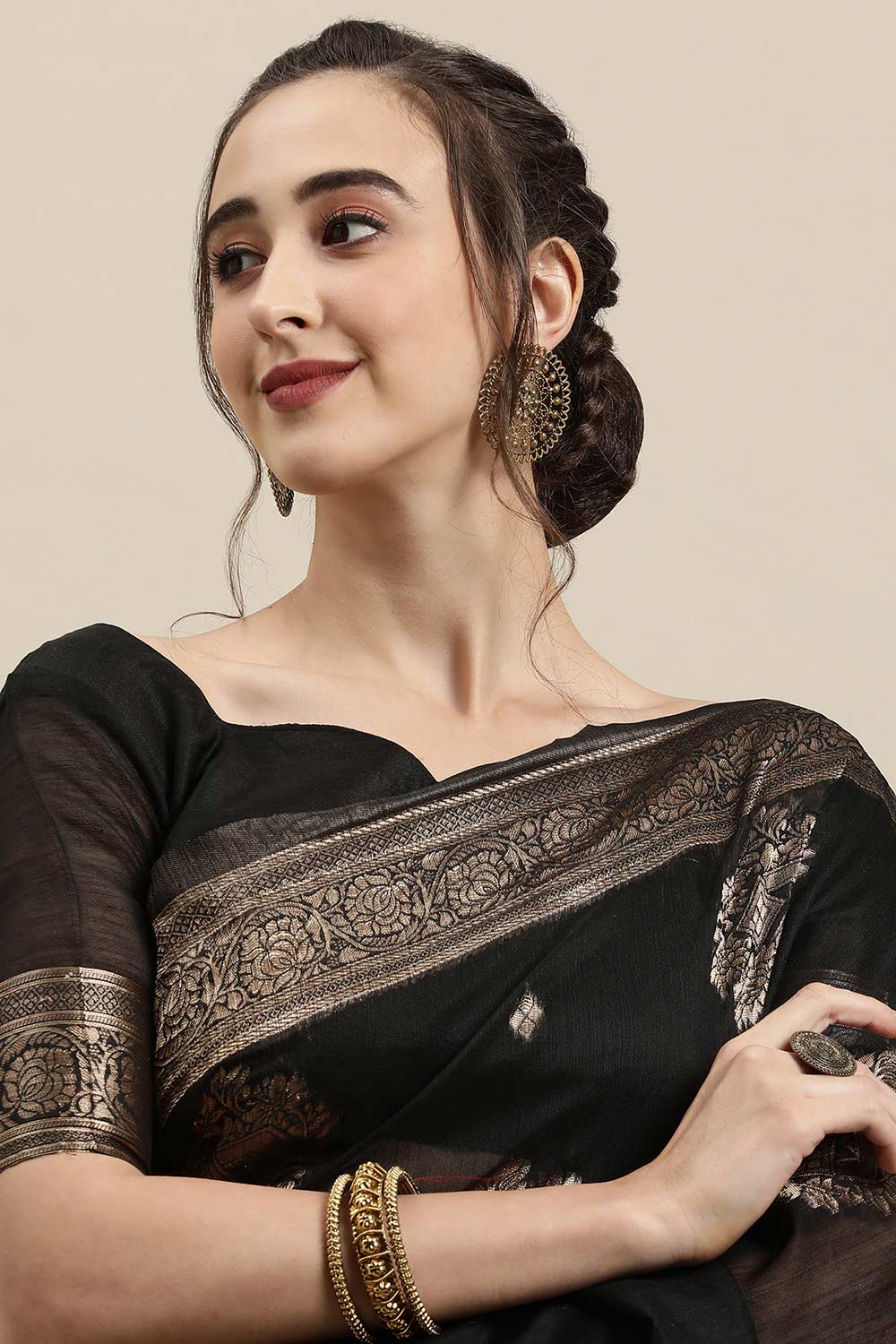 Buy Linen Zari Woven Saree in Black Online - Front