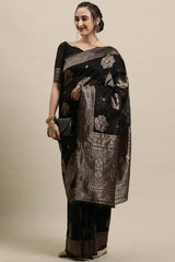 Buy Linen Zari Woven Saree in Black Online - Zoom In