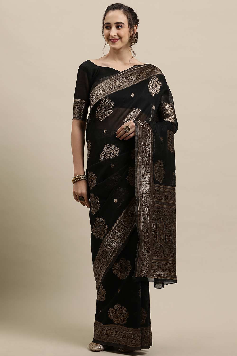 Buy Linen Zari Woven Saree in Black Online