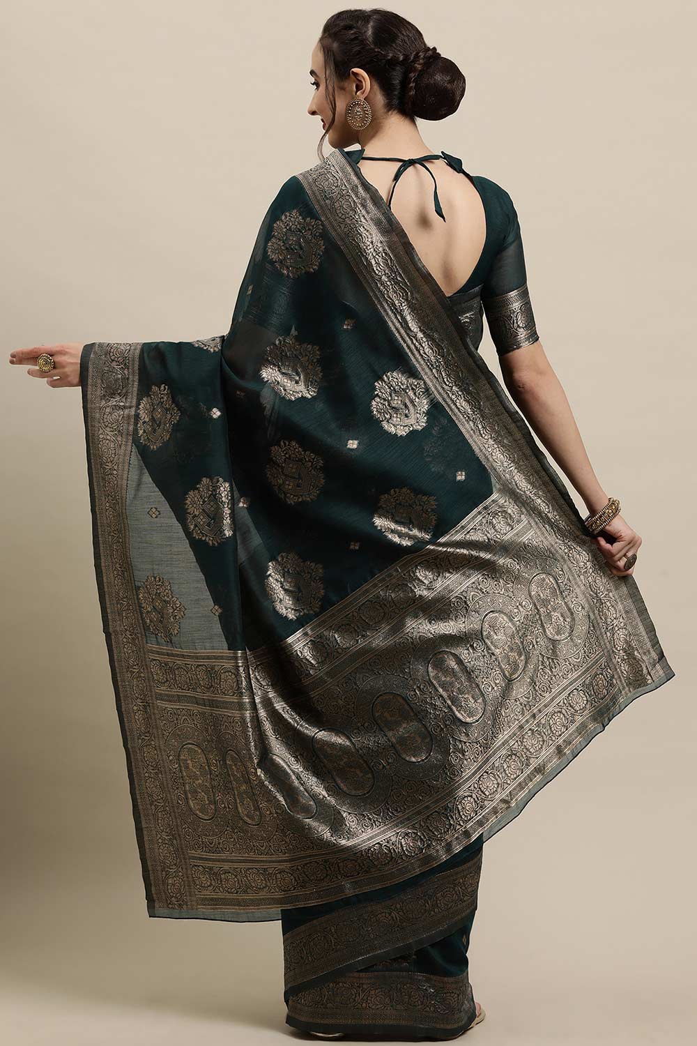 Buy Linen Zari Woven Saree in Teal blue Online - Back