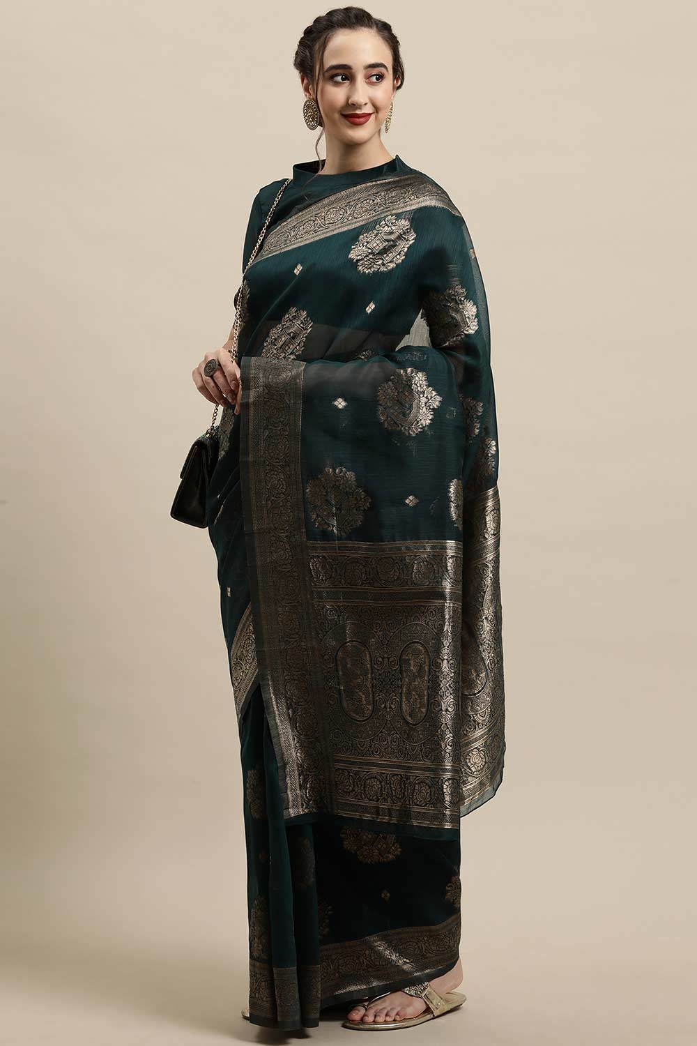 Buy Linen Zari Woven Saree in Teal blue Online - Zoom In