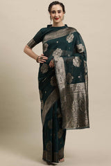 Buy Linen Zari Woven Saree in Teal blue Online