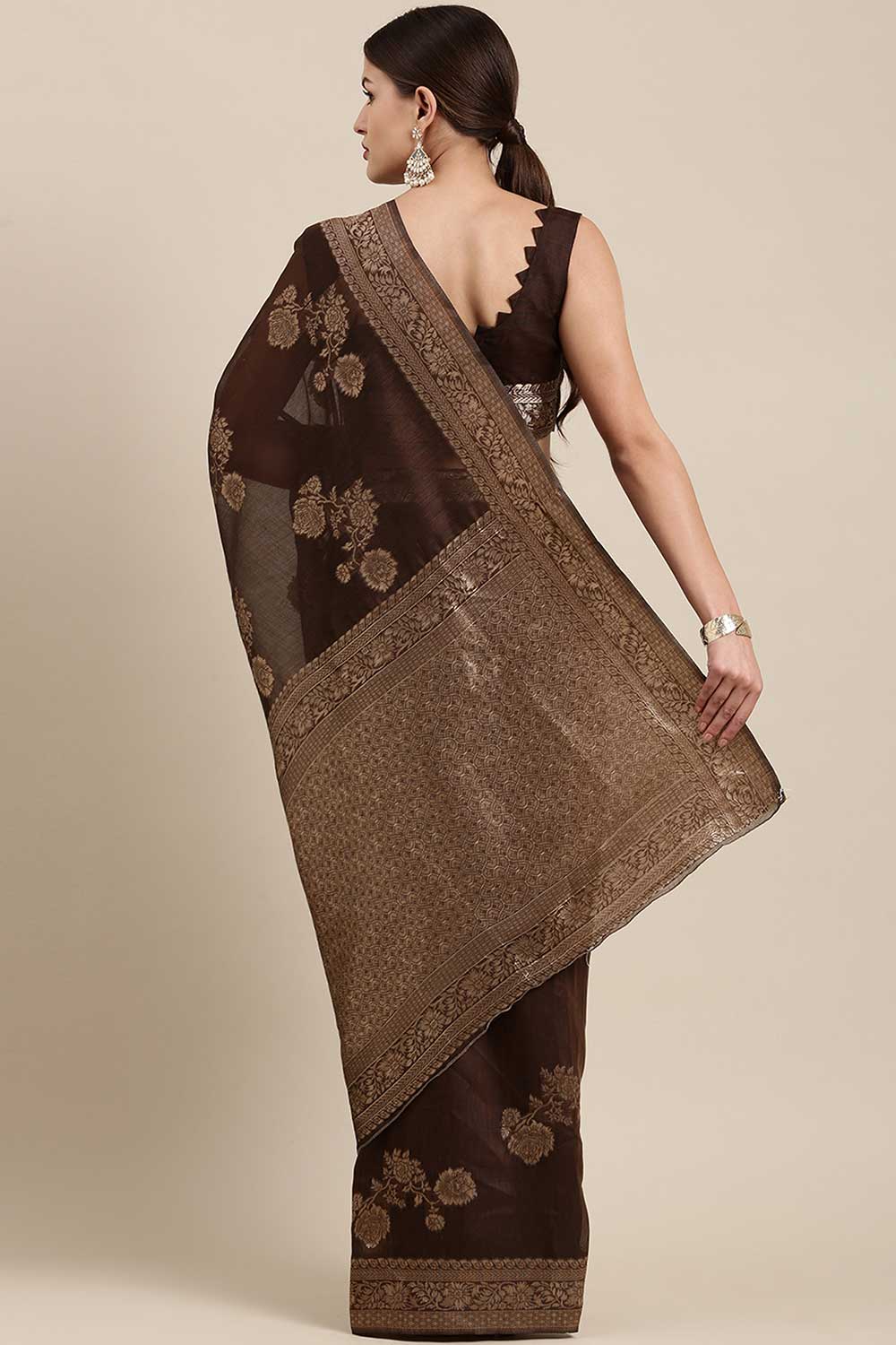 Blended Linen Floral Saree In Brown