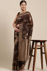 Blended Linen Floral Saree In Brown