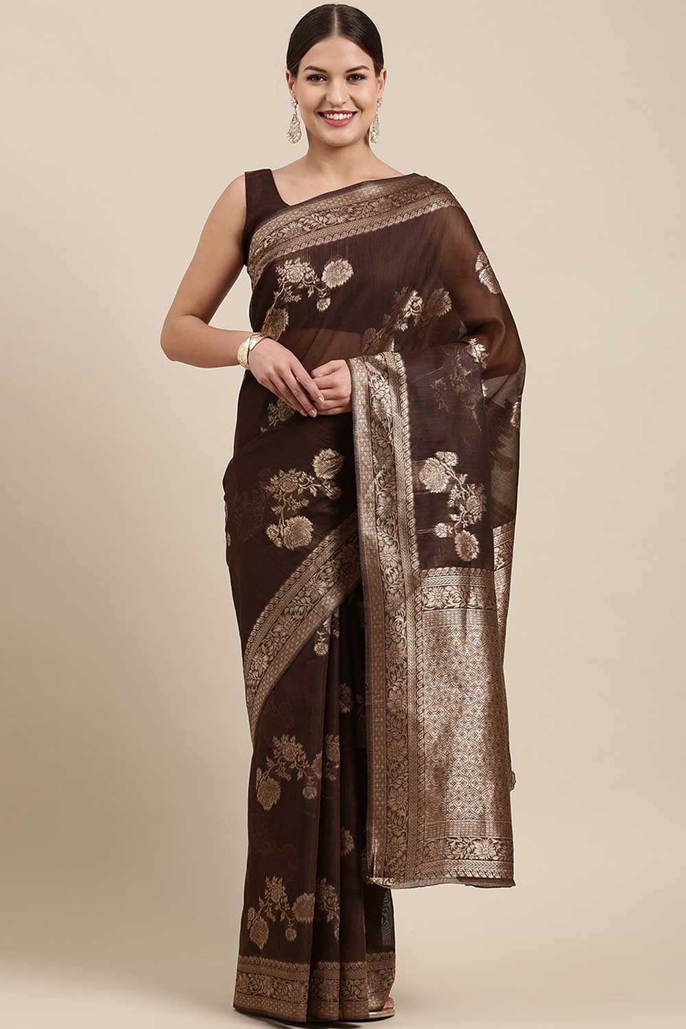 Blended Linen Floral Saree In Brown