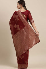 Blended Linen Floral Saree In Maroon