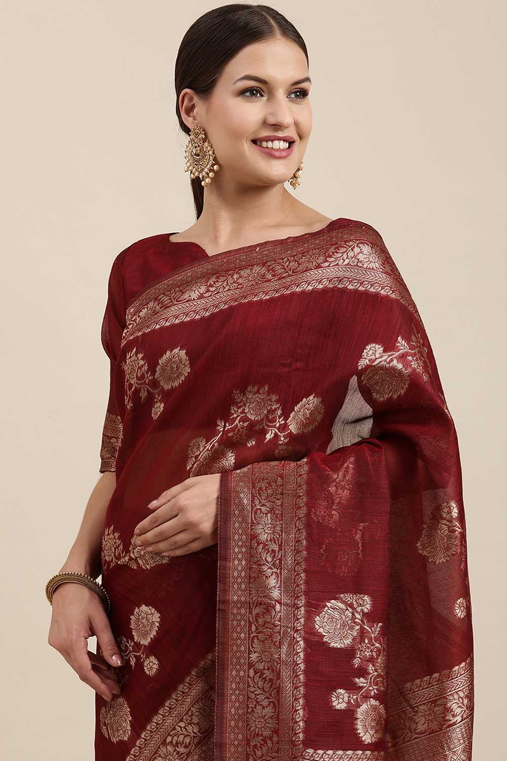 Blended Linen Floral Saree In Maroon