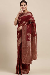 Blended Linen Floral Saree In Maroon