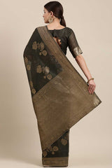 Blended Linen Floral Saree In Charcoal Grey