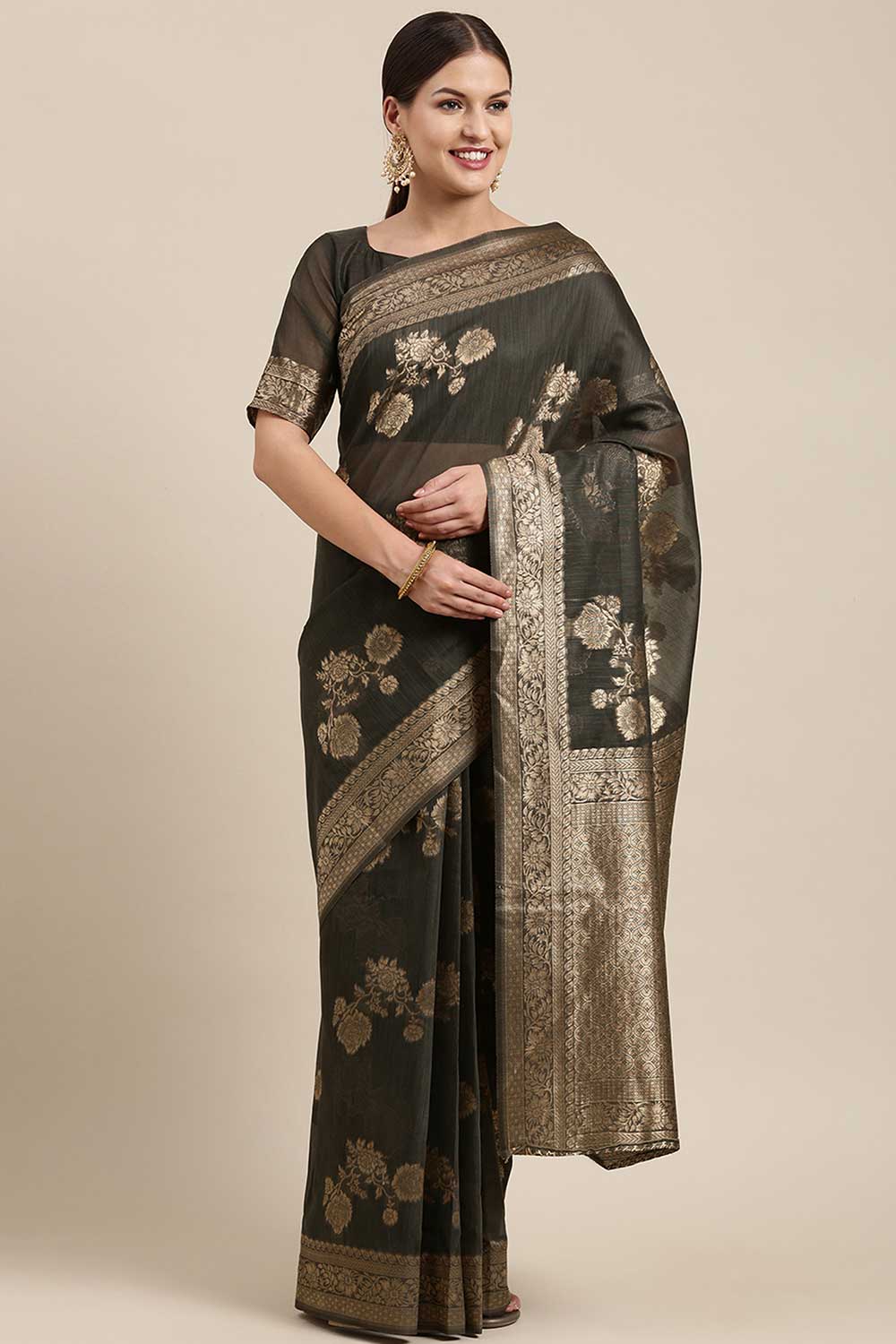 Blended Linen Floral Saree In Charcoal Grey