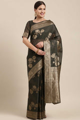 Blended Linen Floral Saree In Charcoal Grey