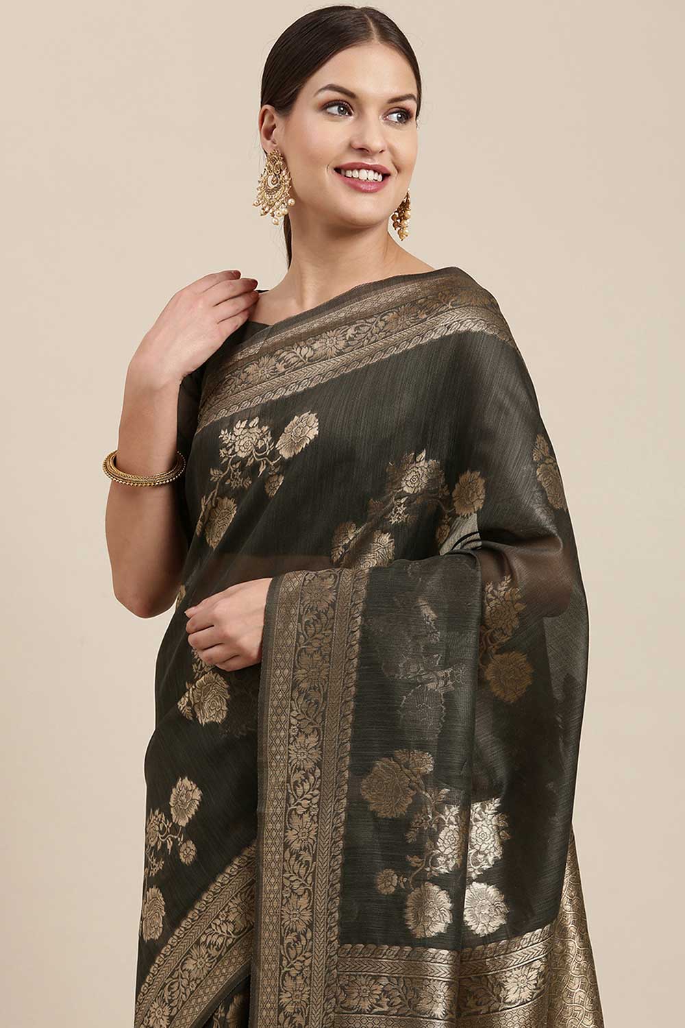 Blended Linen Floral Saree In Charcoal Grey