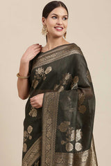 Blended Linen Floral Saree In Charcoal Grey