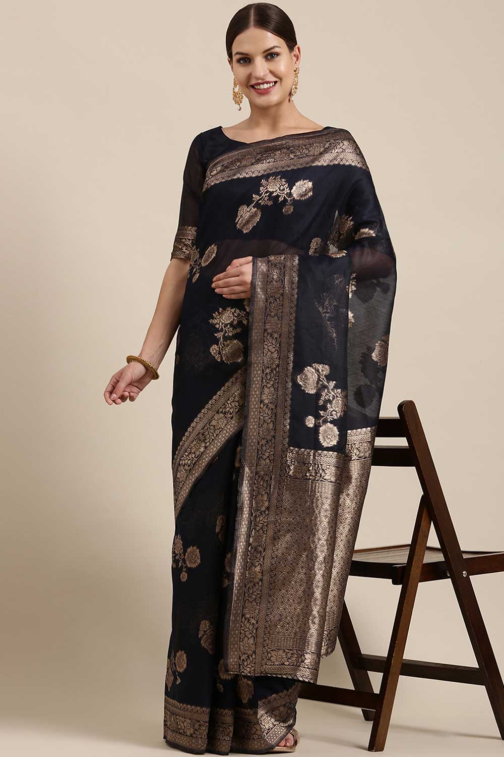 Blended Linen Floral Saree In Navy Blue