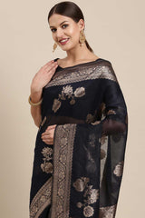 Blended Linen Floral Saree In Navy Blue