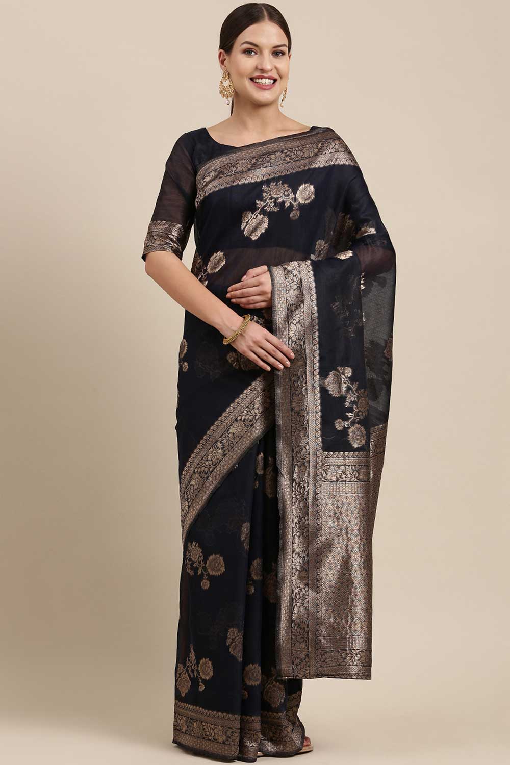 Blended Linen Floral Saree In Navy Blue