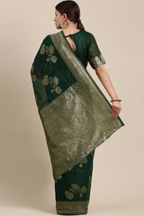 Blended Linen Floral Saree In Teal Blue