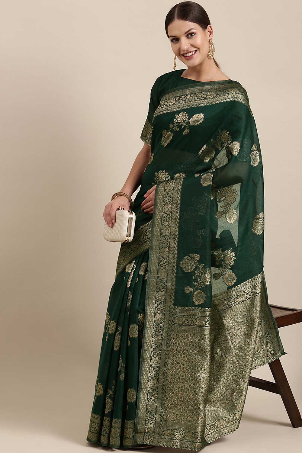 Blended Linen Floral Saree In Teal Blue