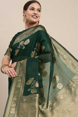 Blended Linen Floral Saree In Teal Blue