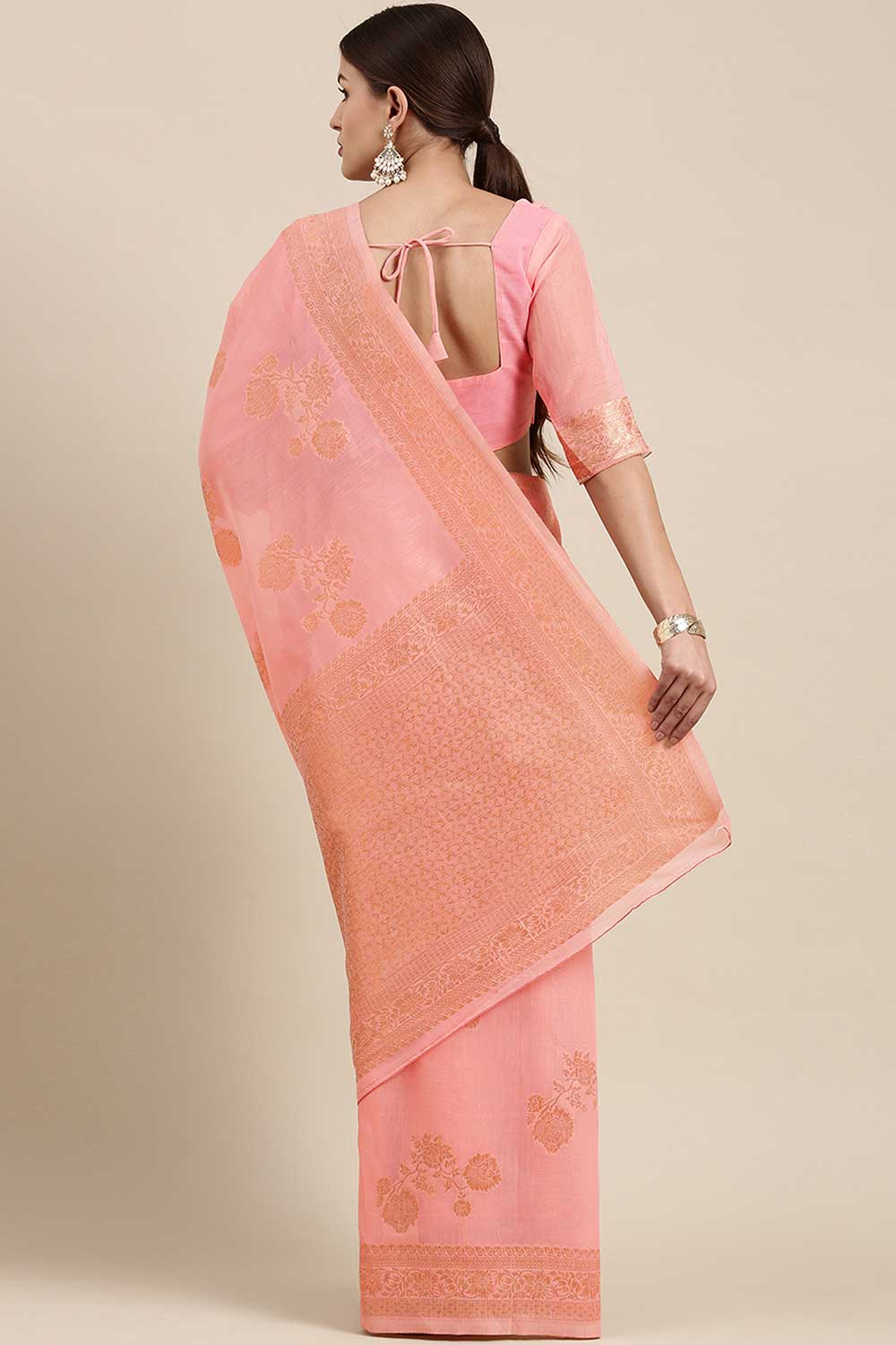 Blended Linen Floral Woven Saree In Pink