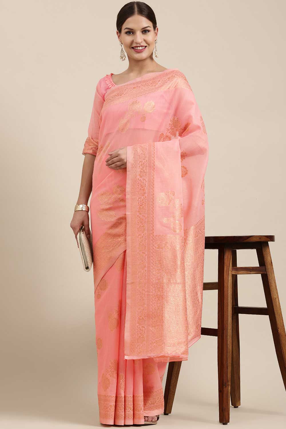 Blended Linen Floral Woven Saree In Pink