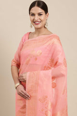 Blended Linen Floral Woven Saree In Pink