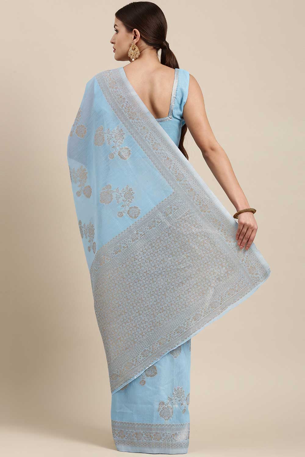 Blended Linen Floral Woven Saree In Turquoise