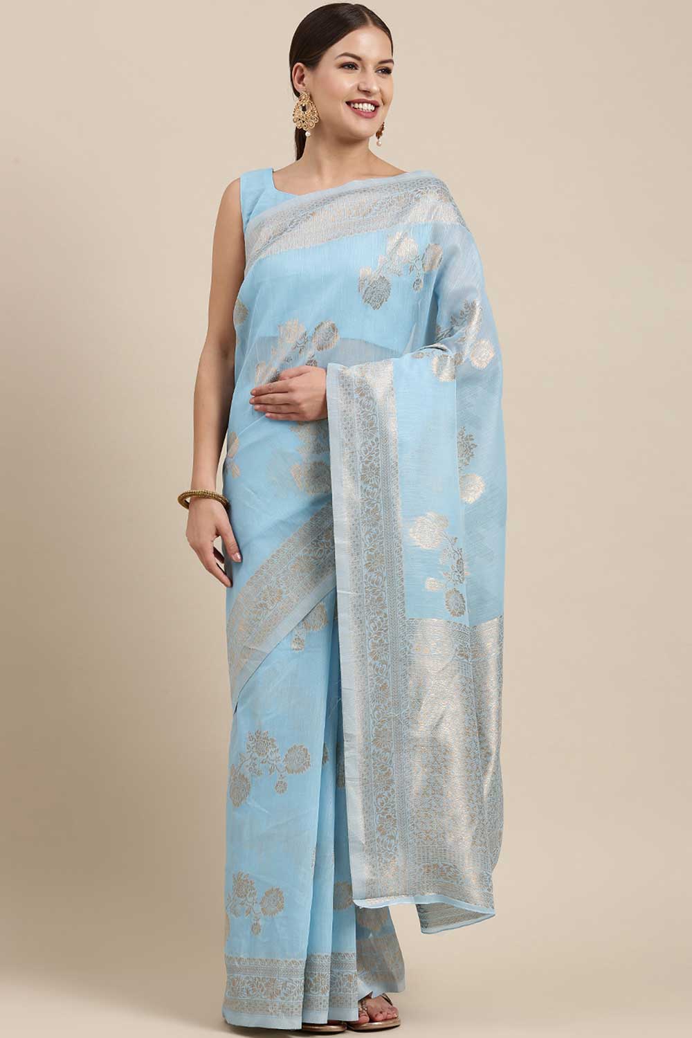 Blended Linen Floral Woven Saree In Turquoise