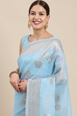 Blended Linen Floral Woven Saree In Turquoise