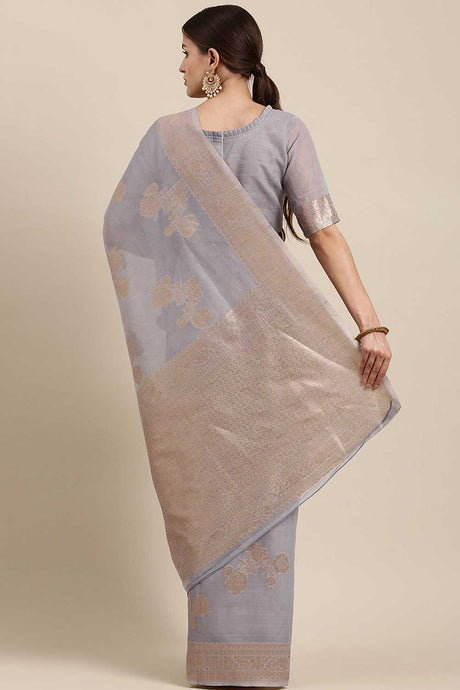 Blended Linen Floral Woven Saree In Grey