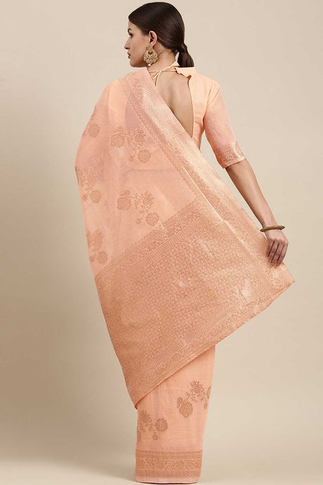 Blended Linen Floral Woven Saree In Peach