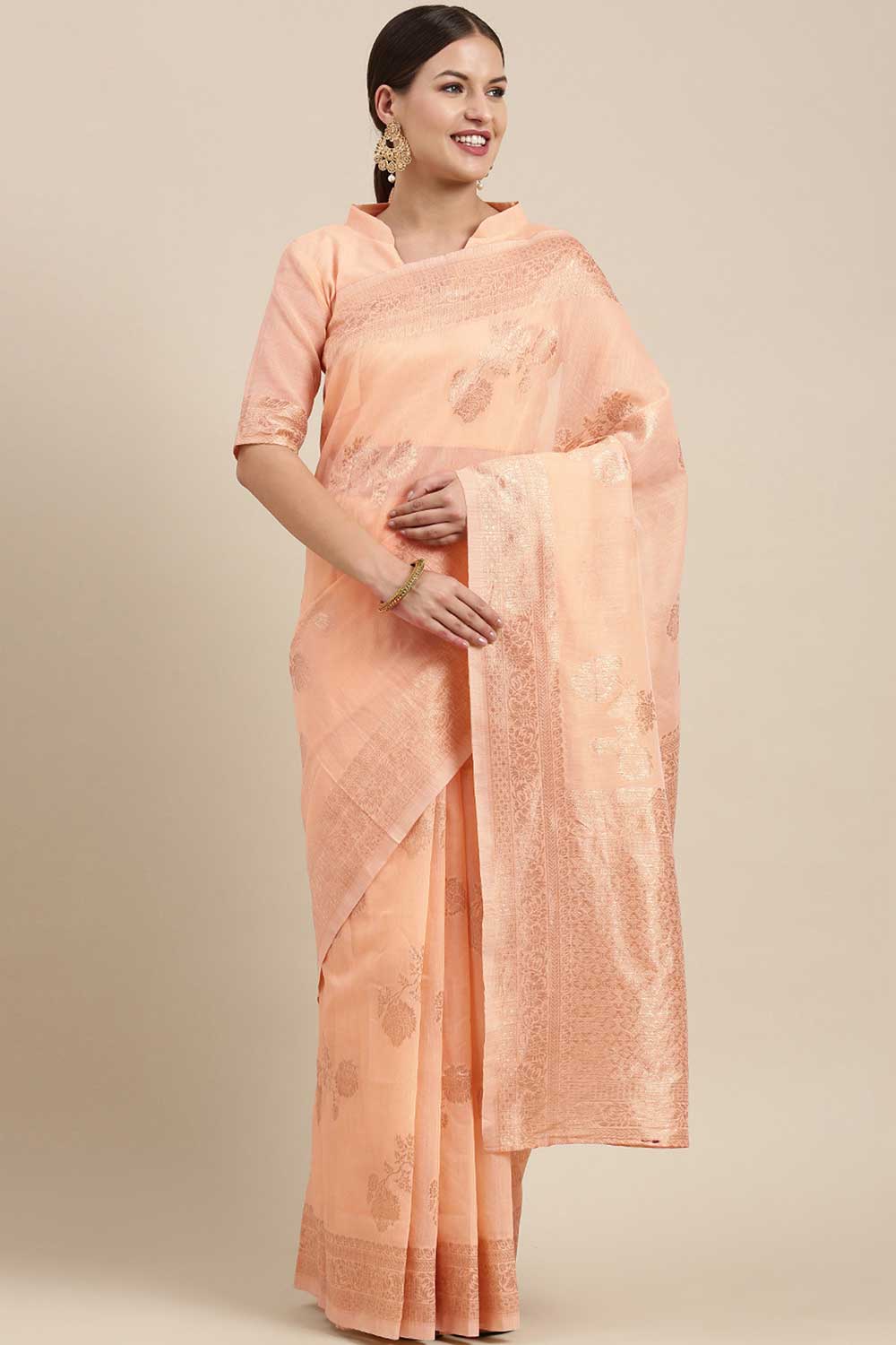 Blended Linen Floral Woven Saree In Peach