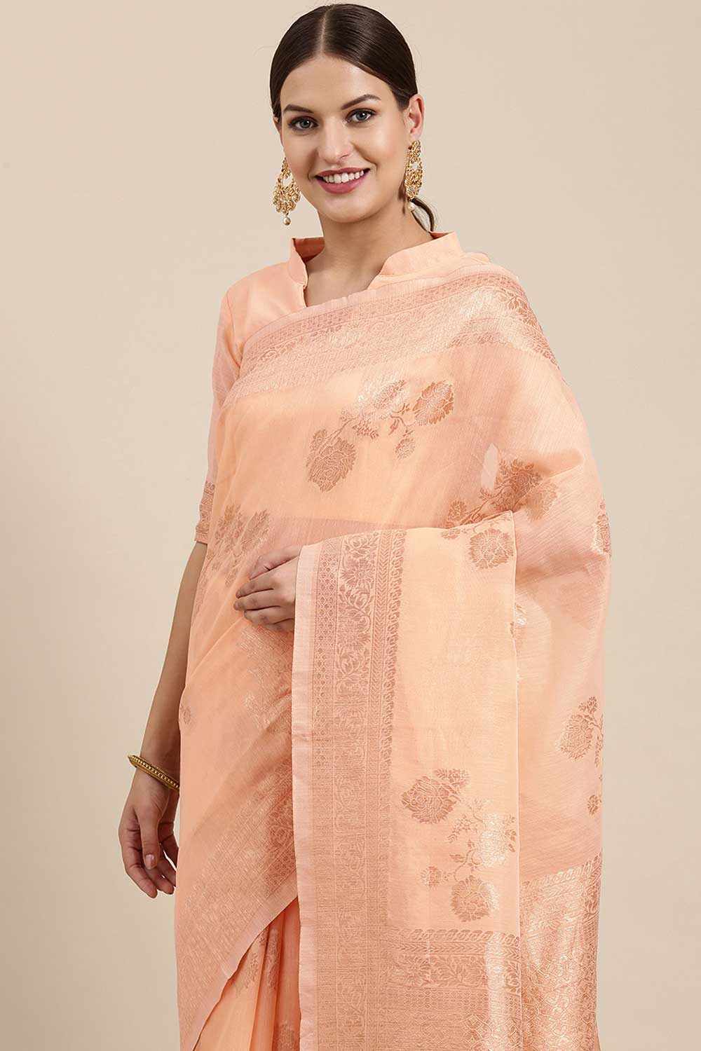 Blended Linen Floral Woven Saree In Peach