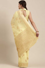 Blended Linen Floral Woven Saree In Lemon Yellow