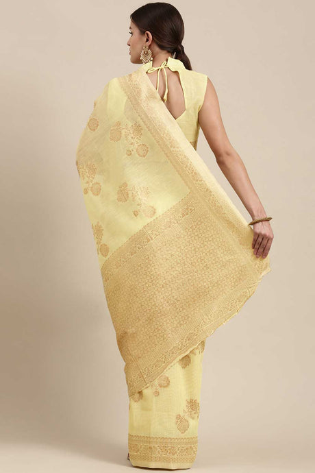 Blended Linen Floral Woven Saree In Lemon Yellow