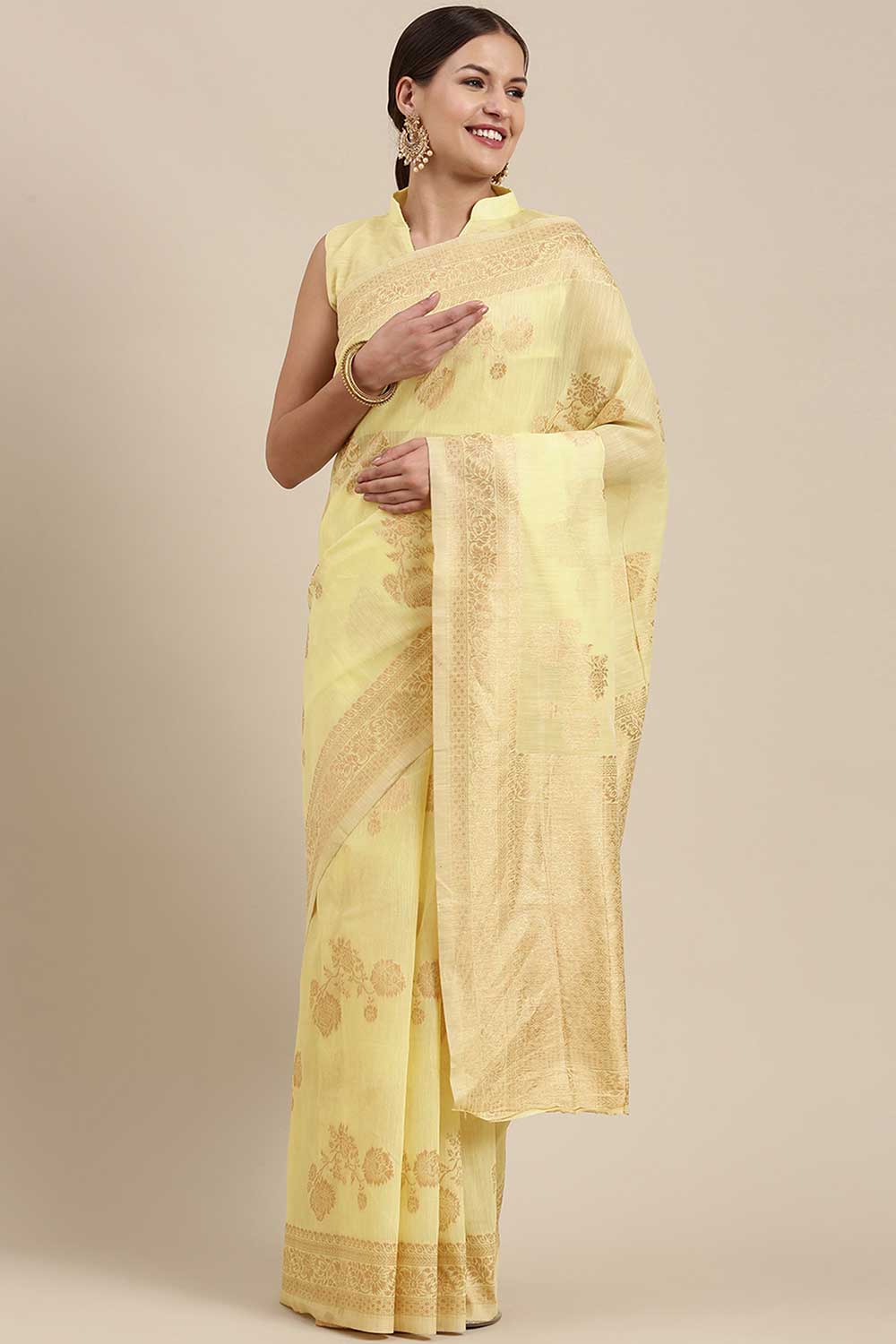 Blended Linen Floral Woven Saree In Lemon Yellow