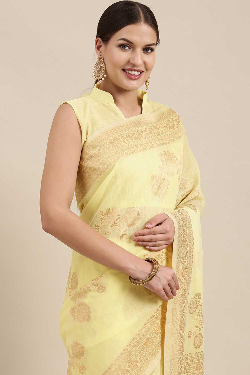 Blended Linen Floral Woven Saree In Lemon Yellow