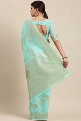 Blended Linen Floral Woven Saree In Sea Green