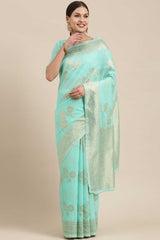 Blended Linen Floral Woven Saree In Sea Green