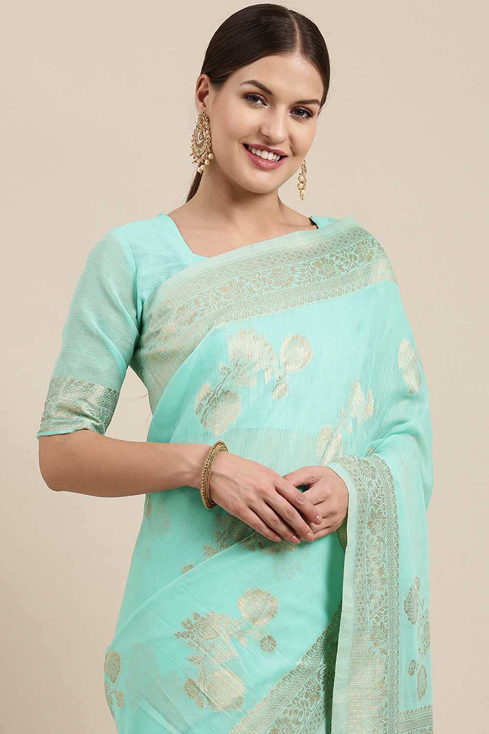 Blended Linen Floral Woven Saree In Sea Green