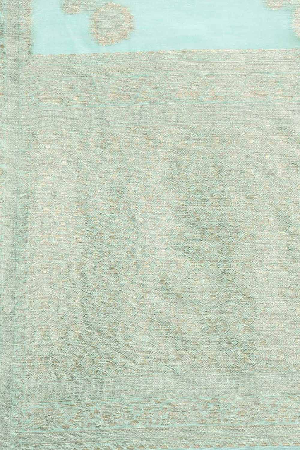 Blended Linen Floral Woven Saree In Sea Green