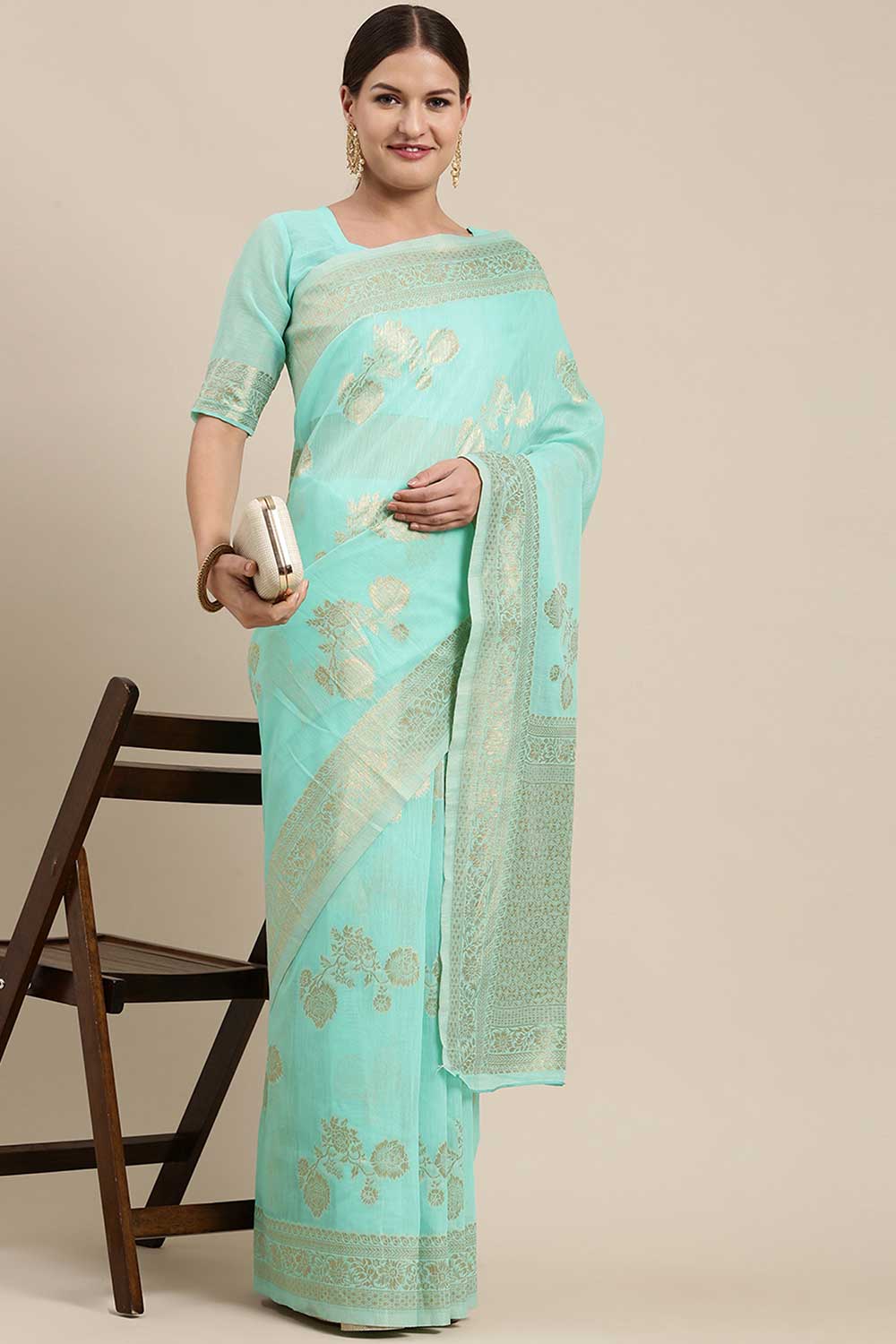 Blended Linen Floral Woven Saree In Sea Green