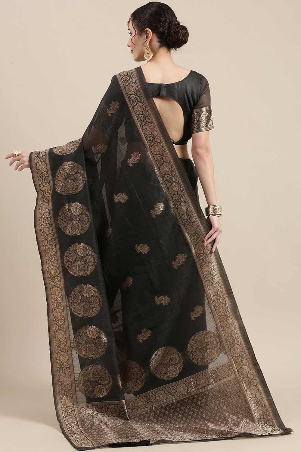 Linen Floral Woven Saree In Grey